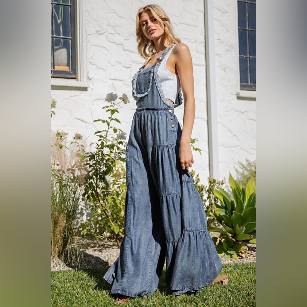 Lace Trim Tiered Wide Leg Denim Overalls Jumpsuit - eesome - Picture 5 of 7